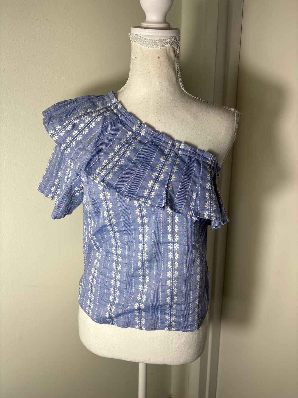 Splendid Blue White One Shoulder Ruffle Cotton Top Sz S